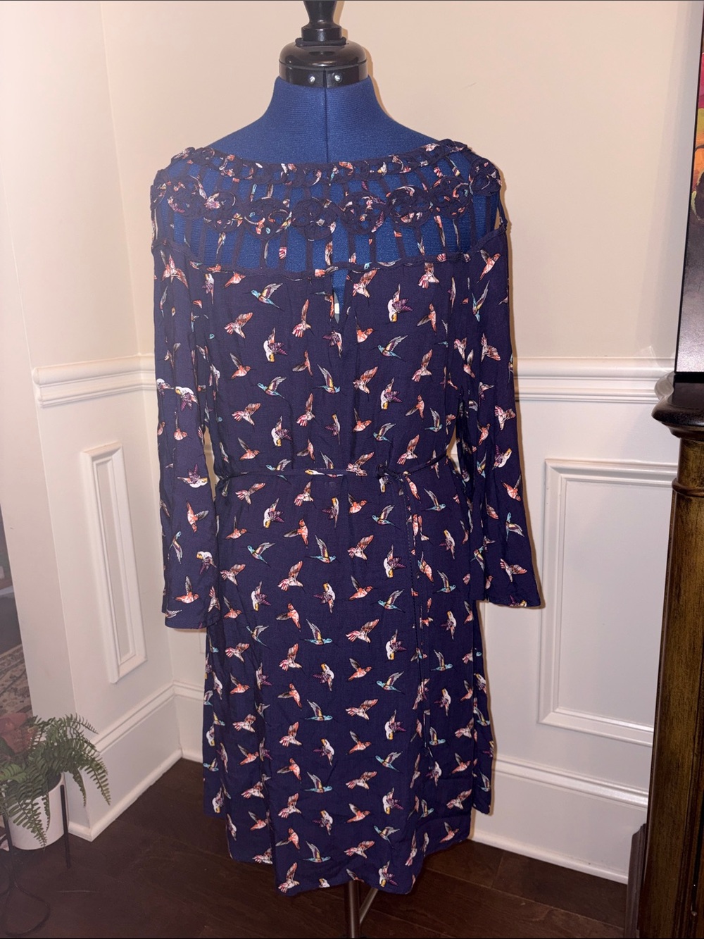 NWOT Navy 3/4 Sleeve Bird-Print Crochet Yoke Dress